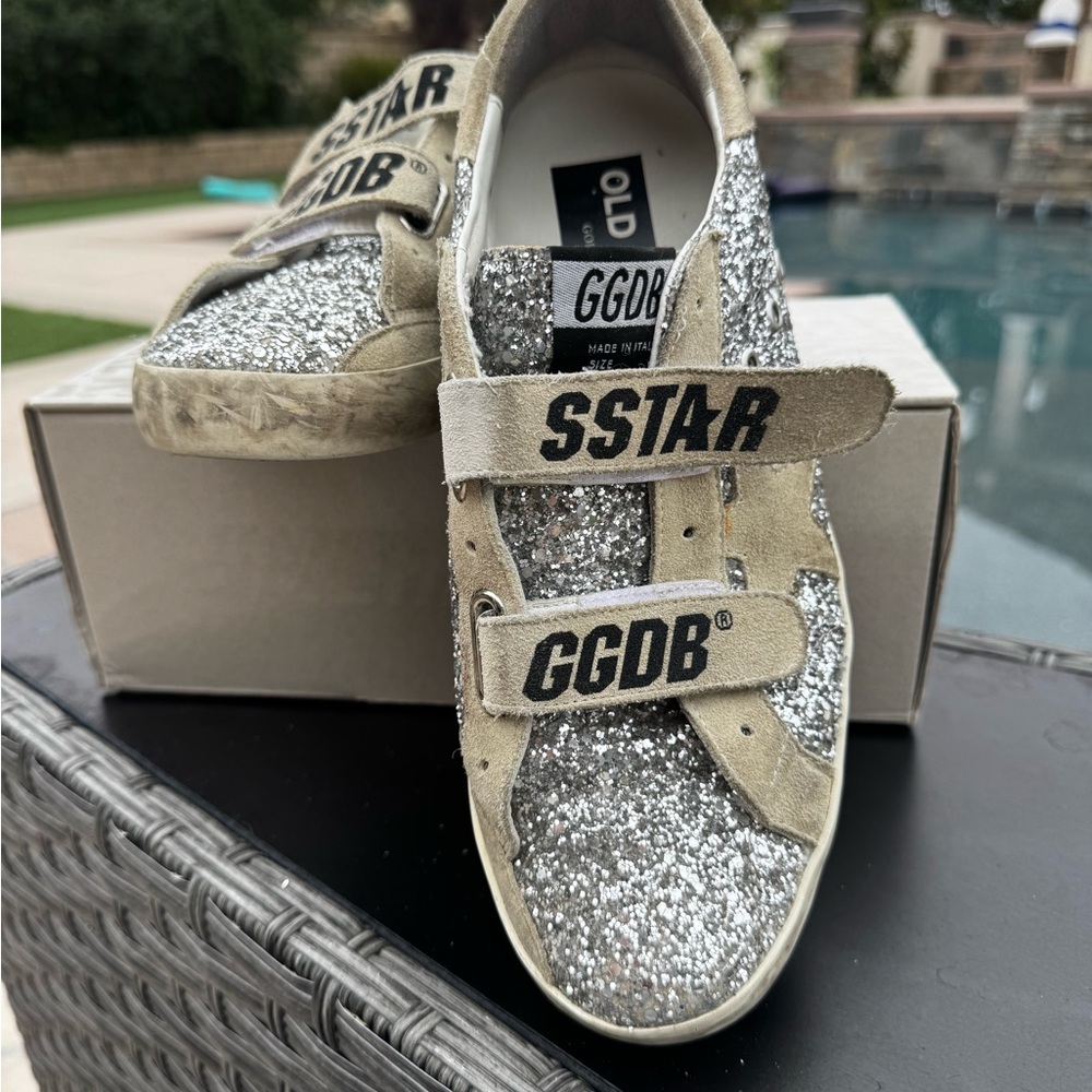 Golden Goose Silver and Tan Sneakers Artistic Design